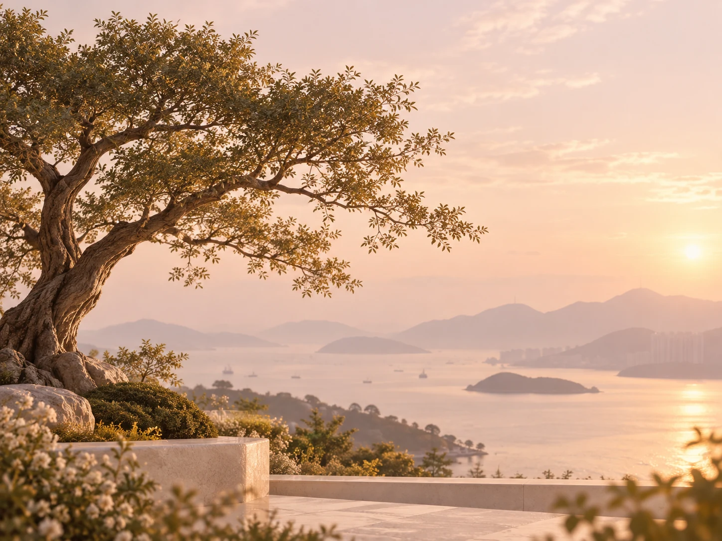 Mature tree overlooking a harbour