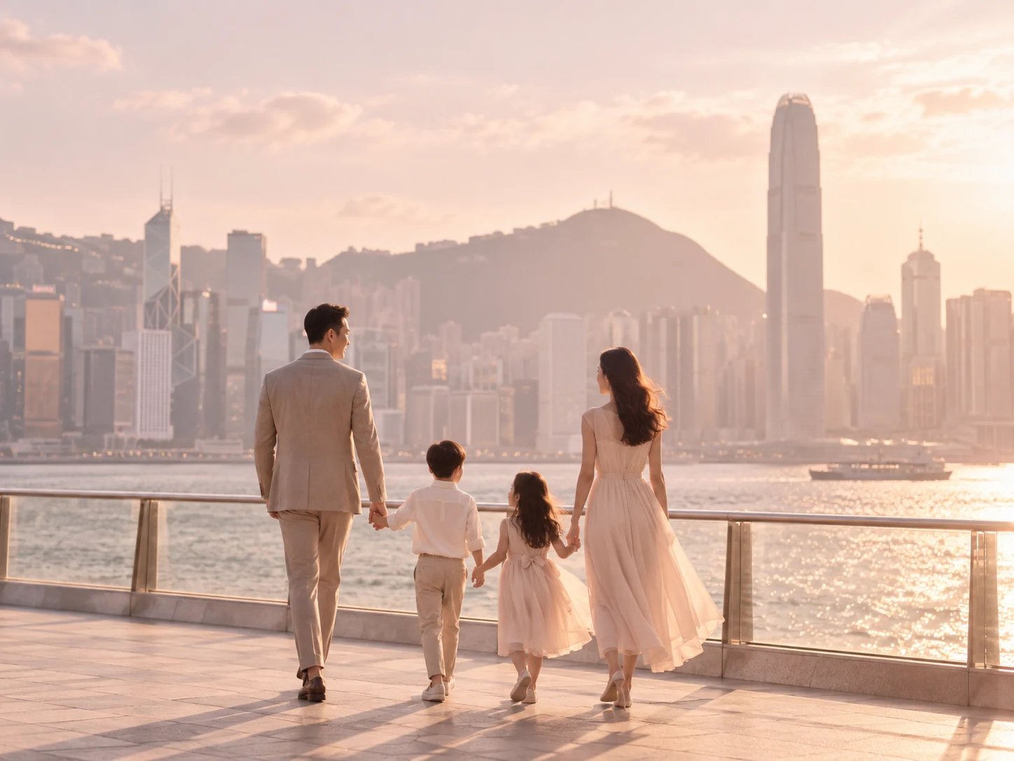 Family walking by Hong Kong harbour